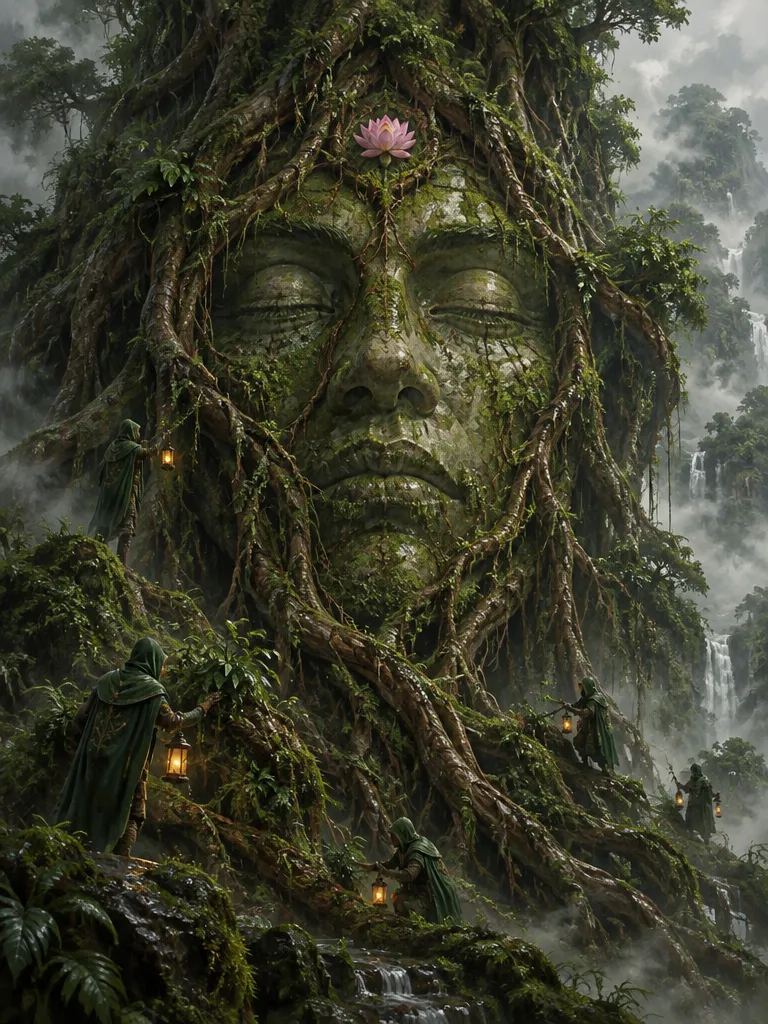 Wajah batu Root Covenant hampir tertelan akar dan lumut, satu teratai di dahi, penjaga berjubah hijau membawa lentera di antara akar.