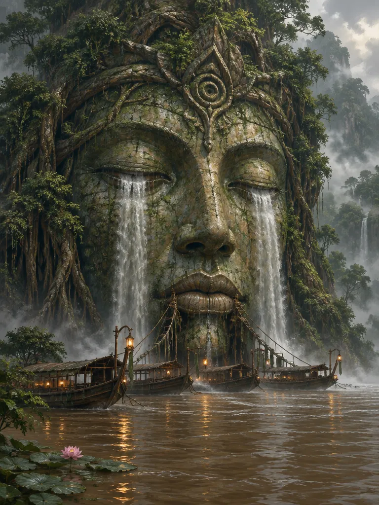 Wajah batu River Clans separuh terendam sungai cokelat, air terjun mengalir dari mata yang tertutup, kapal berlentera tertambat di bibirnya.