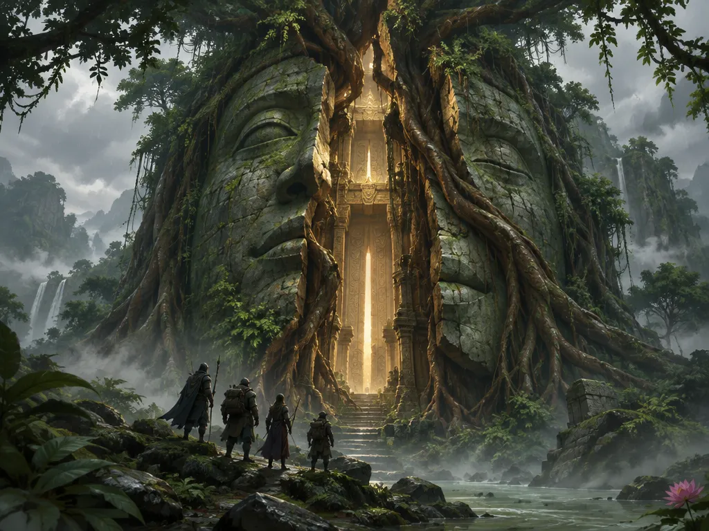 Wajah batu raksasa yang baru terbelah akar di tengah hutan, gerbang kuil bercahaya di celahnya, empat penjelajah berdiri di kakinya.