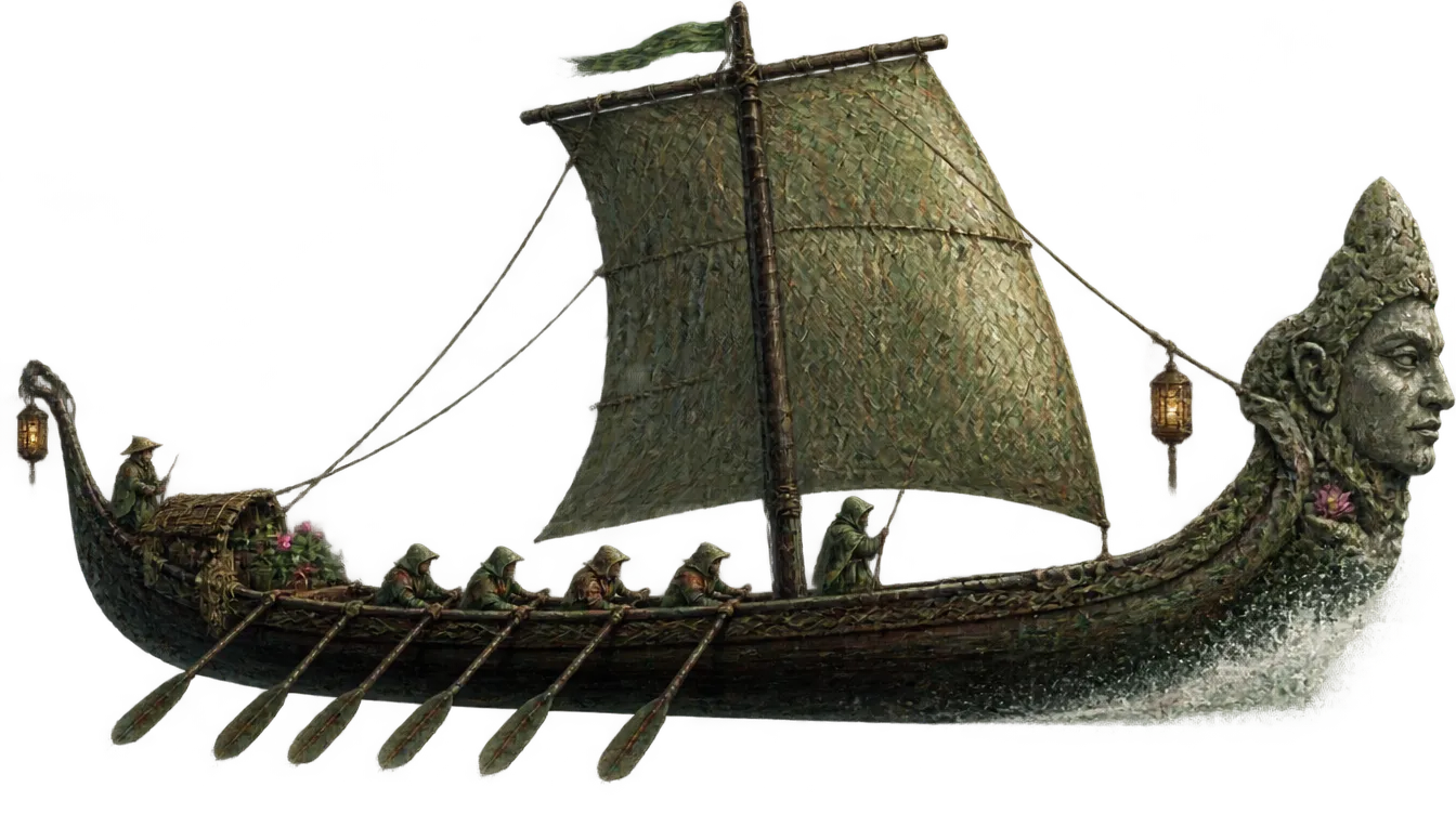 Kapal perang panjang River Clans dengan haluan berwajah batu, layar anyaman daun, dan enam pendayung berjubah hujan.